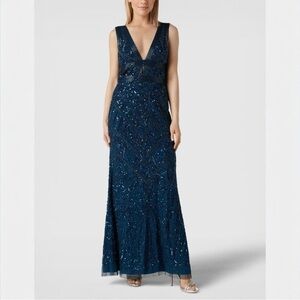 NWT Adriana Papell Deep Blue Beaded Long Gown Size 6